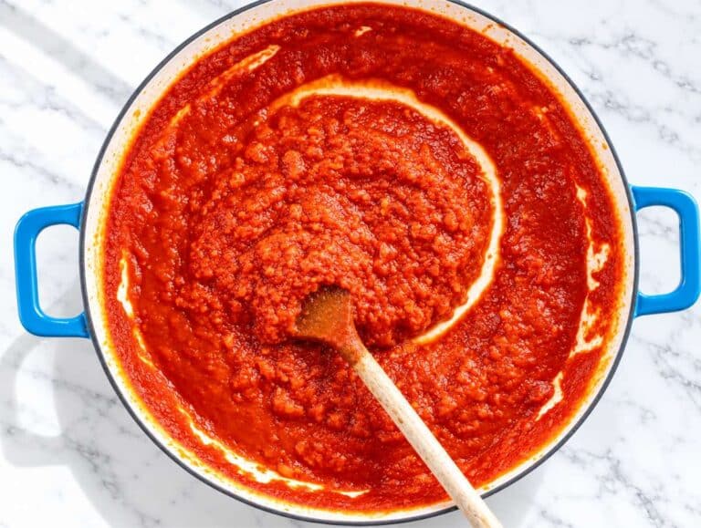 Step 1 Onion, garlic, and tomato passata simmering into a rich homemade sauce.