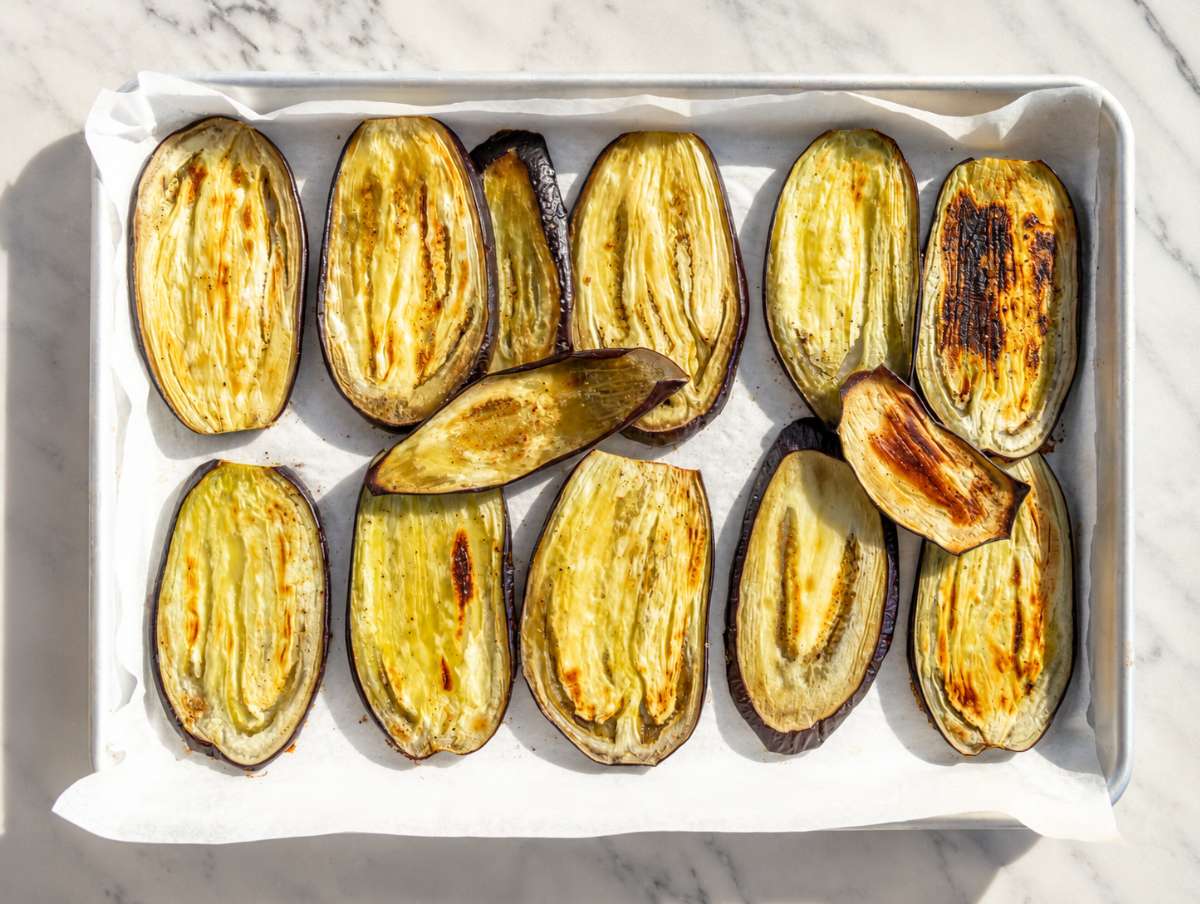 Step 2 Eggplant slices roasting until golden on parchment-lined baking trays.