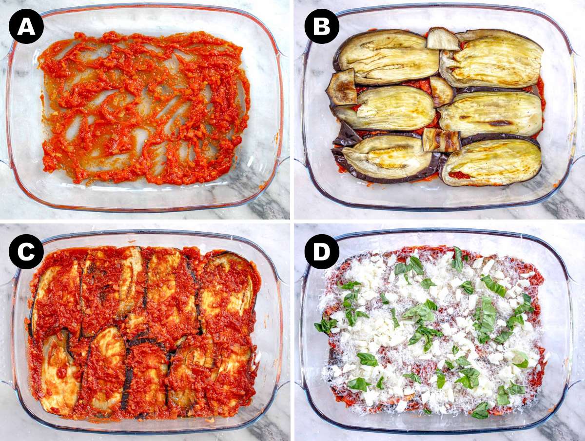 Step 3 Building eggplant parmigiana in a casserole.