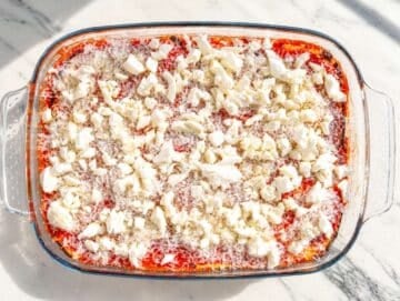 Step 4 Italian eggplant casserole layered with sauce, cheeses, basil, and roasted eggplant.