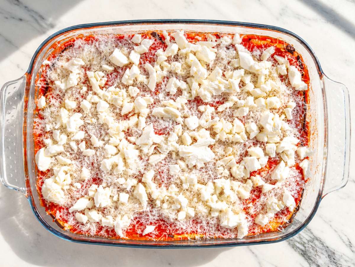 Step 4 Italian eggplant casserole layered with sauce, cheeses, basil, and roasted eggplant.
