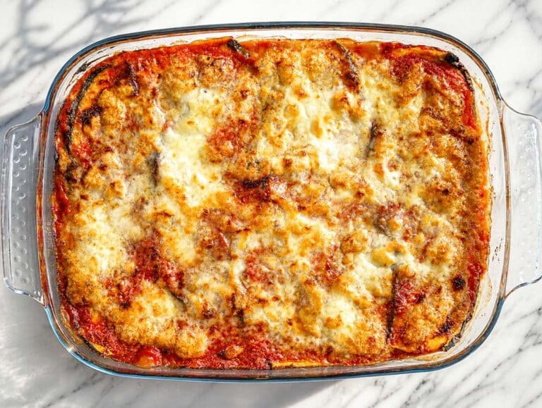 Step 5 Eggplant Parmigiana baked and resting before slicing.
