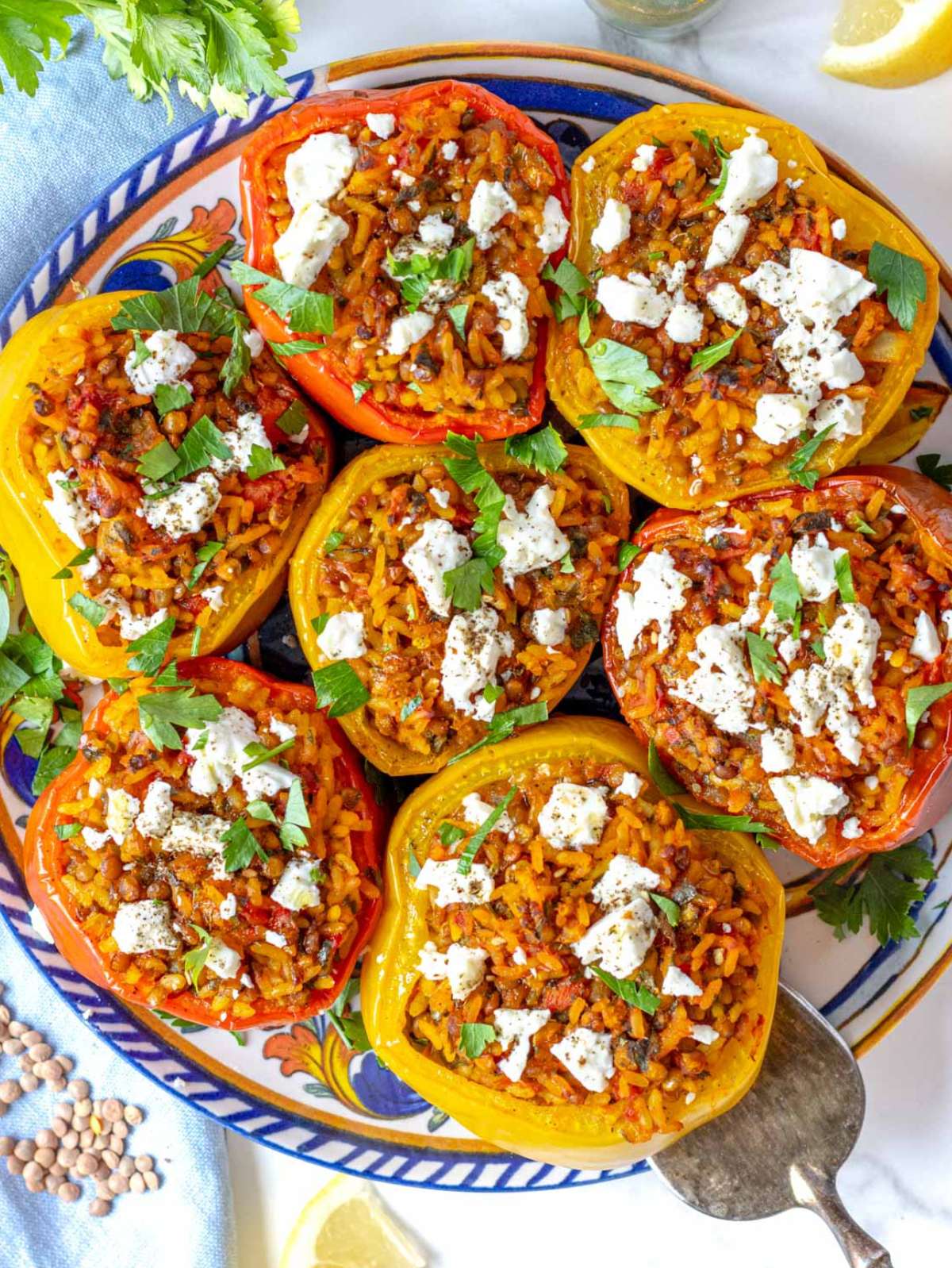 Top-Down of vegetarian stuffed peppers with tomato, cumin, and herbs, a healthy and hearty plant-based dinner.