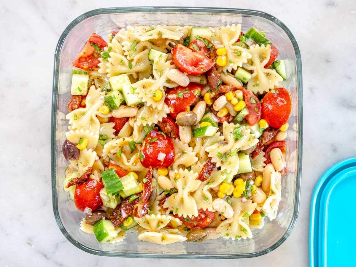 Vegan Pasta Salad stored in an airtight container