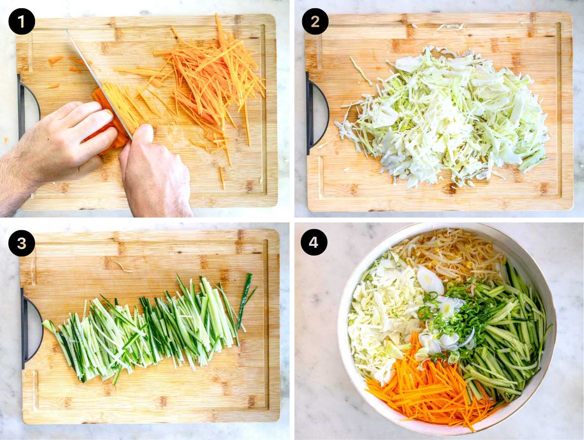 chopping vegetables for asian noodle salad