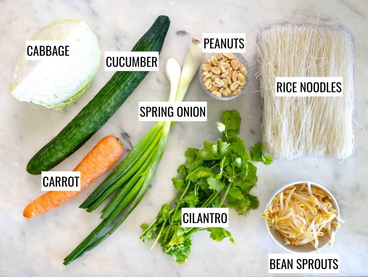 ingredients for asian noodle salad on a table