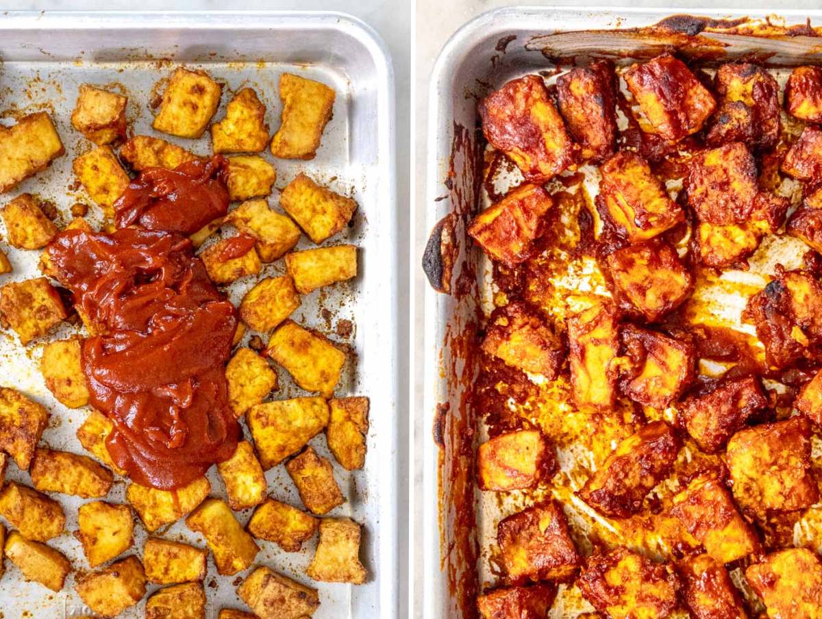BBQ tofu before and after baking