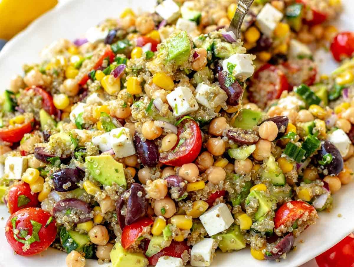 Chickpea quinoa salad with feta cubes