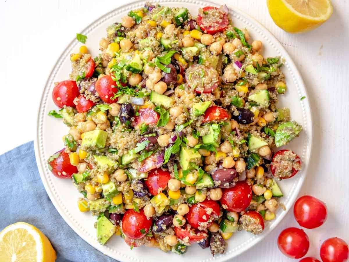 Chickpea quinoa salad on a big white plate