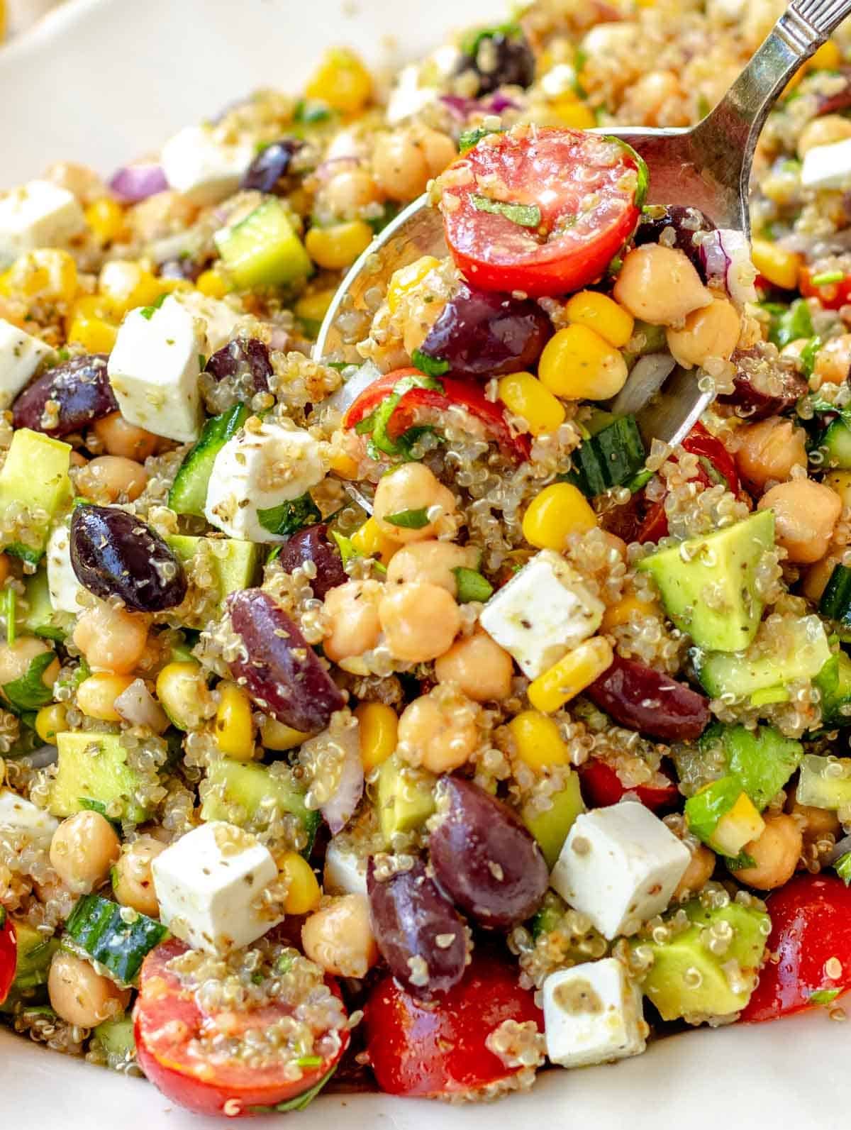 quinoa chickpea salad on a serving platter