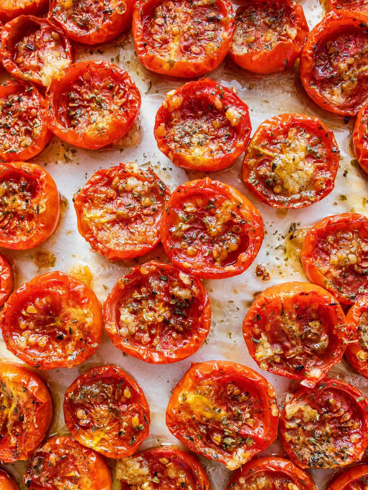Close-up of tomato confit with juicy roasted tomatoes, garlic, and herb-infused olive oil.