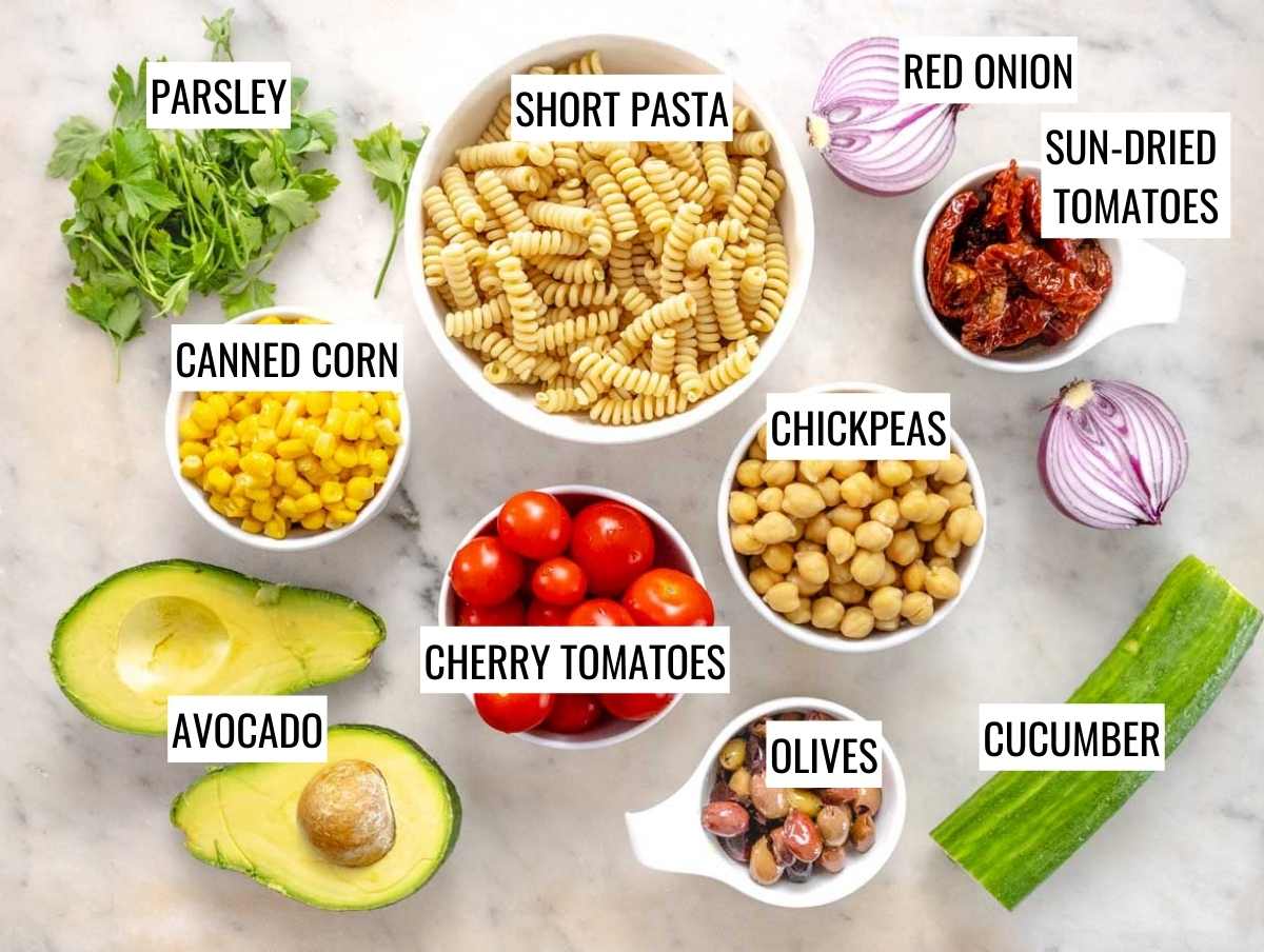 Ingredients for chickpea pasta salad