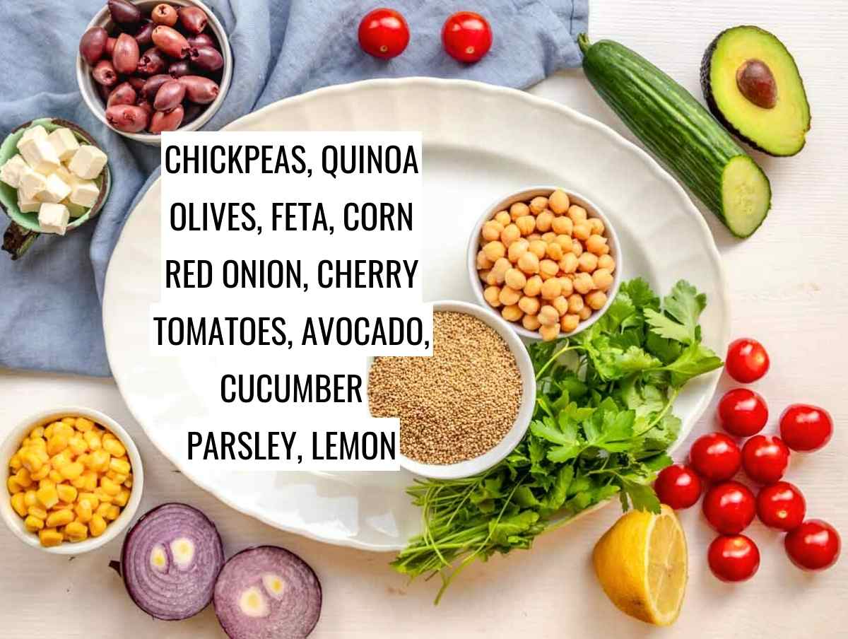 Ingredients for quinoa chickpea salad