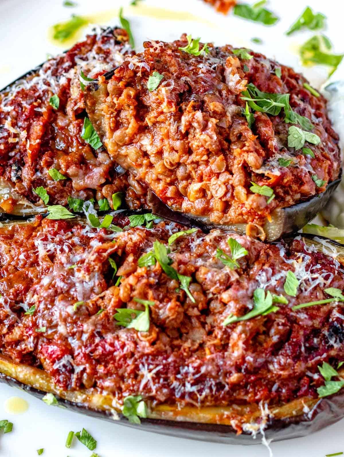 Stuffed eggplant with lentil filling and parmesan cheese