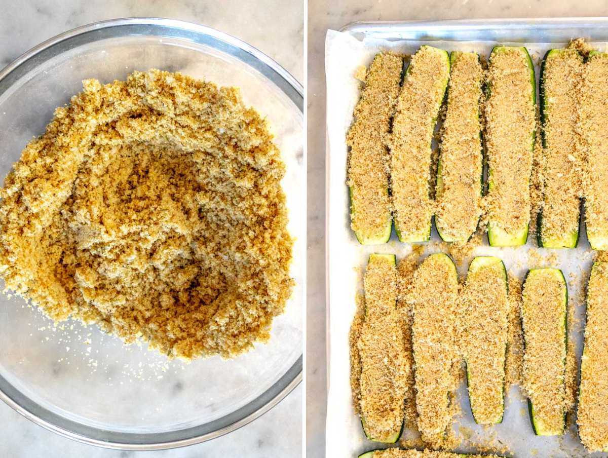 breadcrumb mixture in a bowl and on the zucchini slices