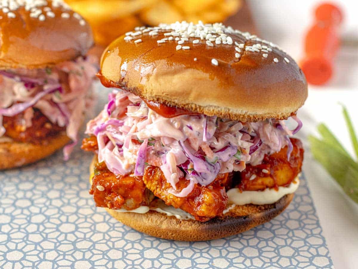 burger with coleslaw and BBQ tofu