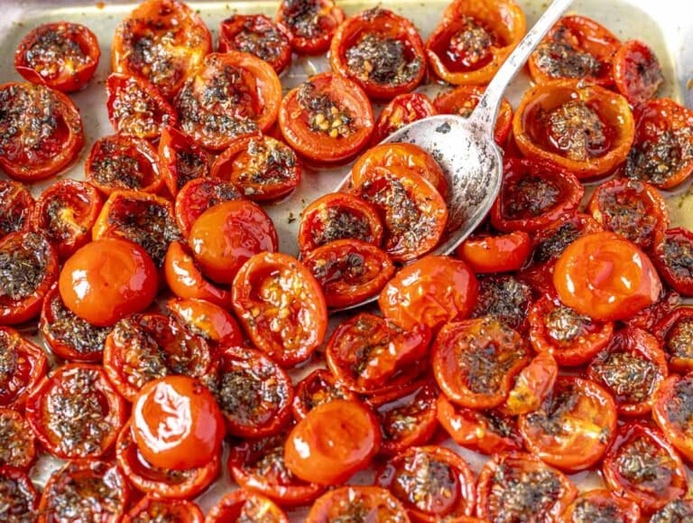 confit tomatoes after baking served with a spoon