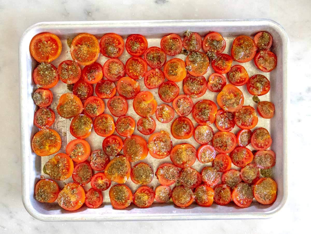 cherry tomatoes seasoned with olive oil, garlic, and sugar.