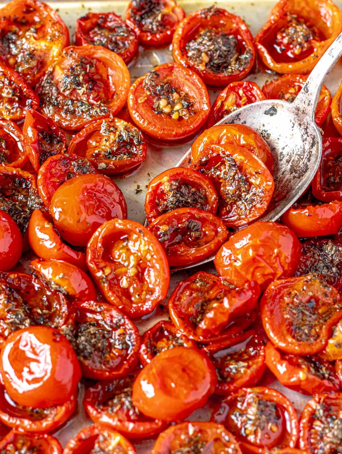 confit tomatoes after roasting with a silver spoon