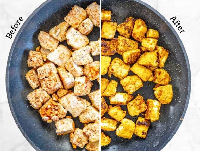 fried tofu on a pan before an after