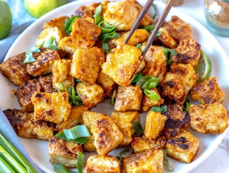 crisp and tender fried tofu on a plate