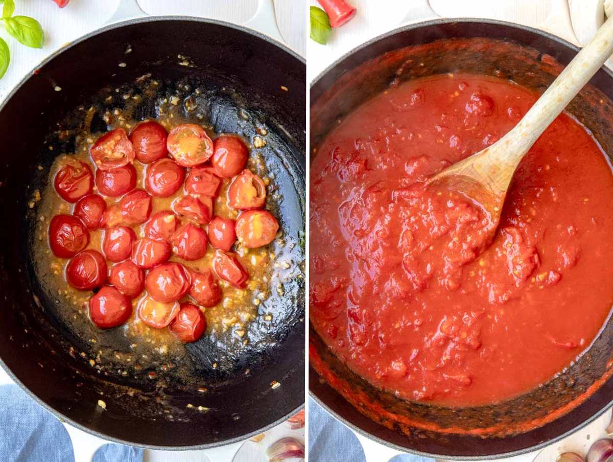 sugo for pasta al pomodoro with fresh cherry tomatoes and whole peeled tomatoes