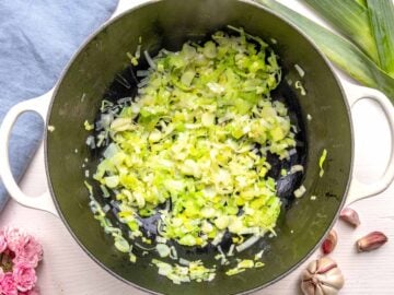 flavor base with leek and garlic for the broccoli soup