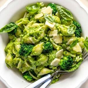 Broccoli pasta with fresh basil and parmesan cheese