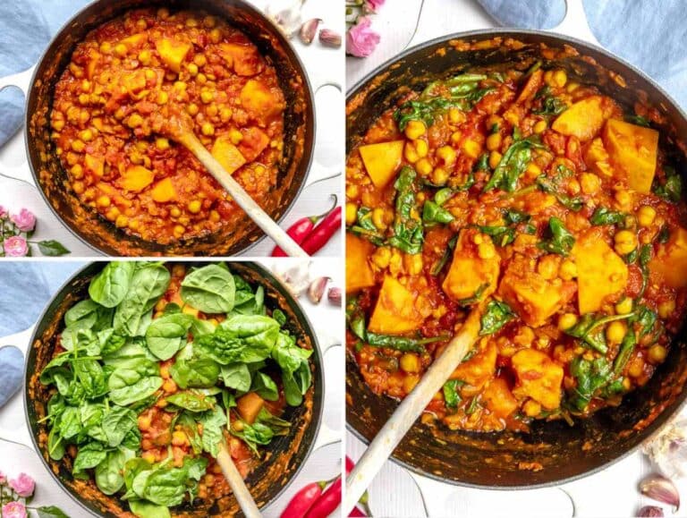 Chickpea stew with swet potatoes and spinach in a large pot