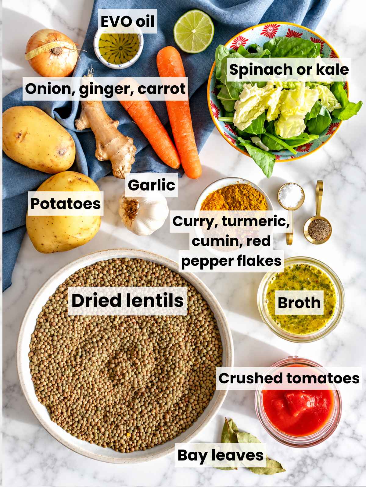 Curry lentil soup ingredients with lentils, vegetables, tomatoes, aromatics, and spices.