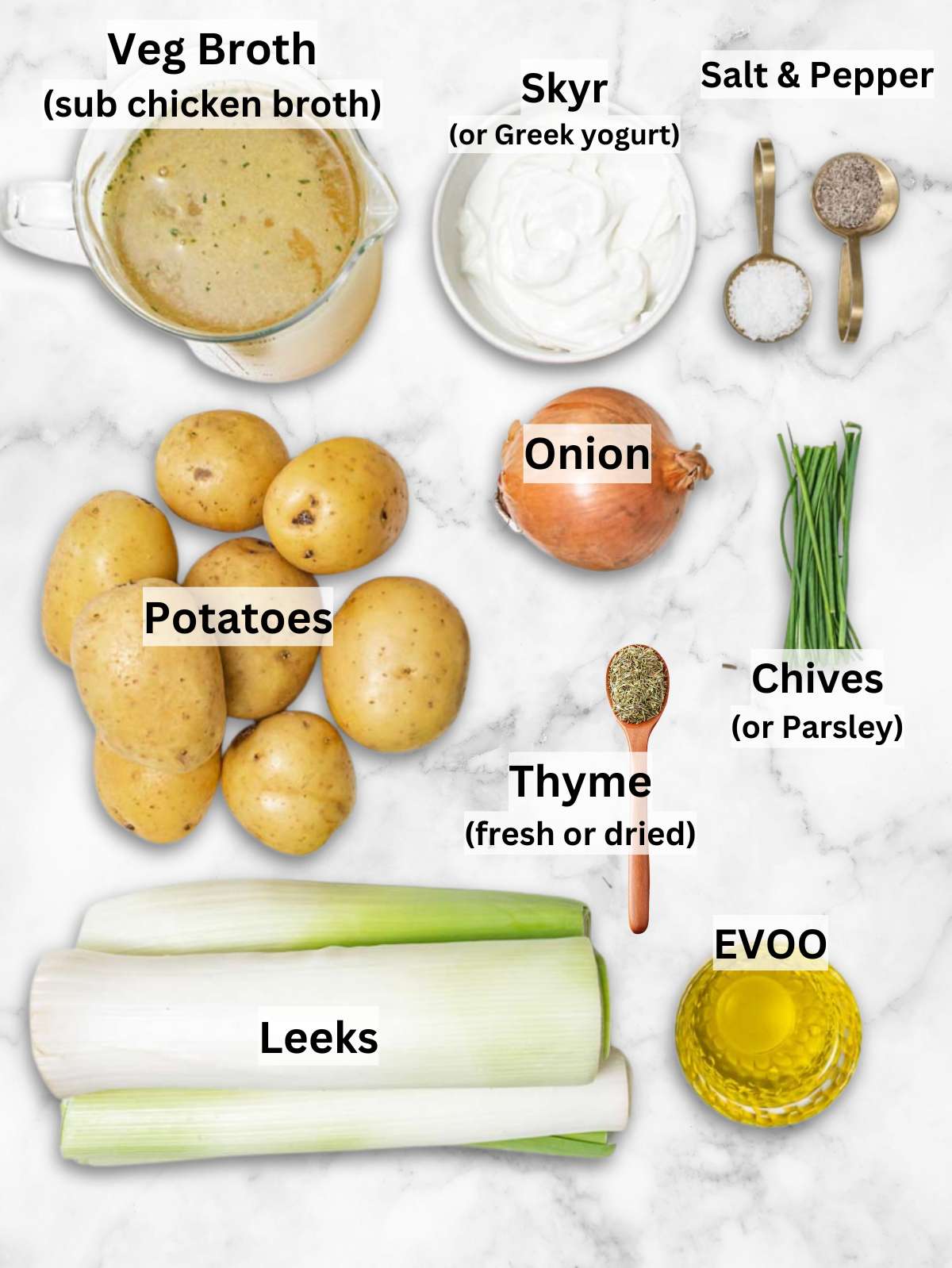Ingredients for creamy potato leek soup with skyr including leeks potatoes onion and herbs.