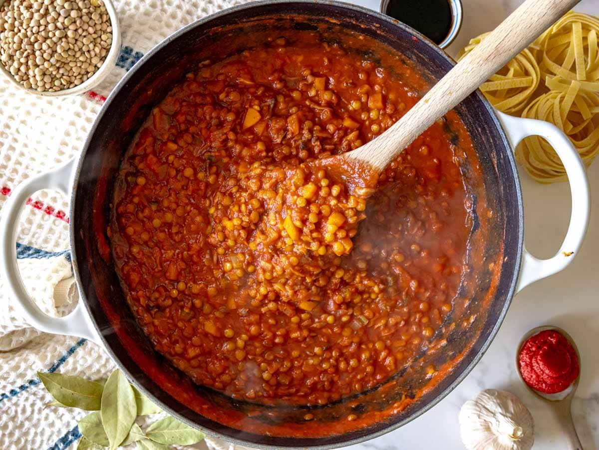 lentil bolognese in a large pot