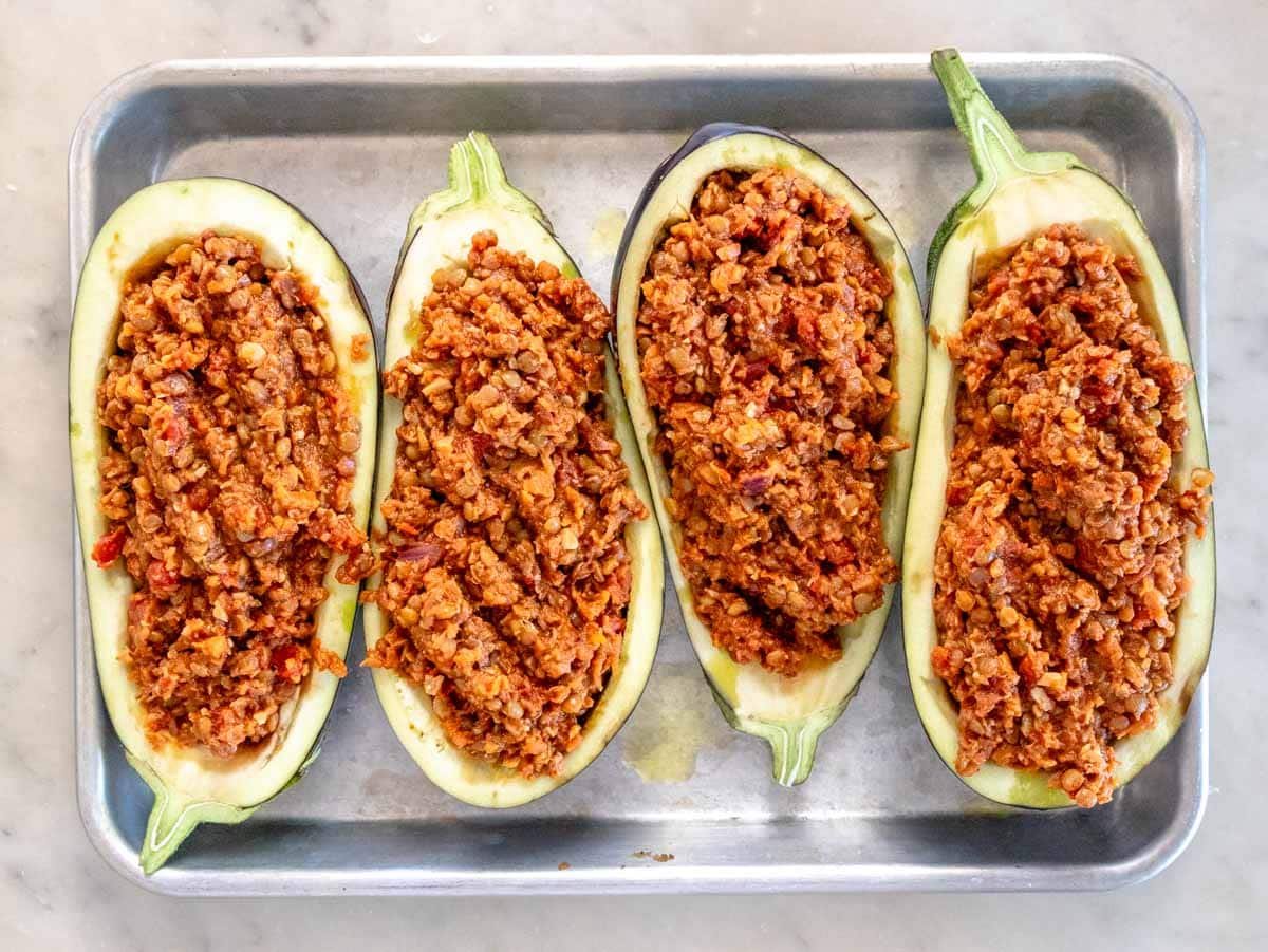 stuffed eggplant before baking