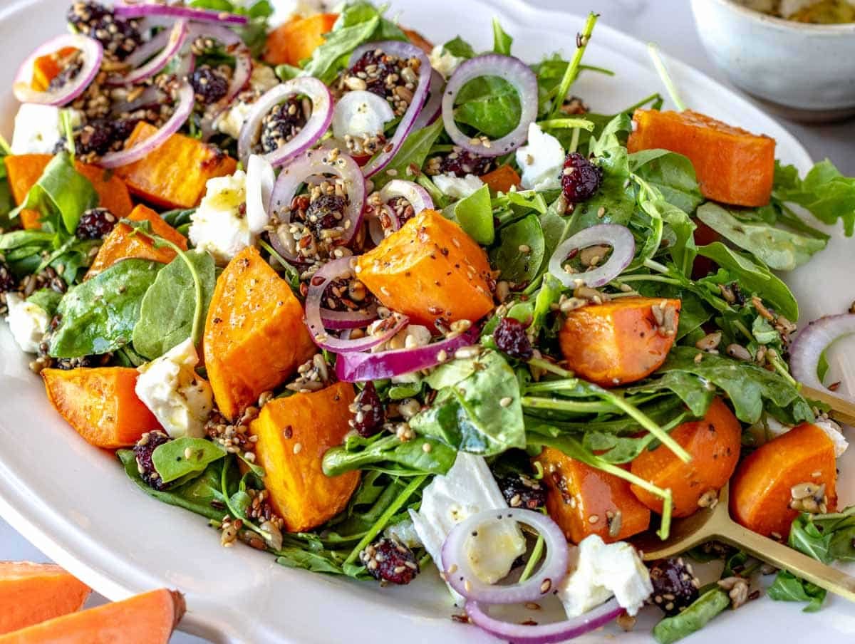 sweet potato salad on a white platter