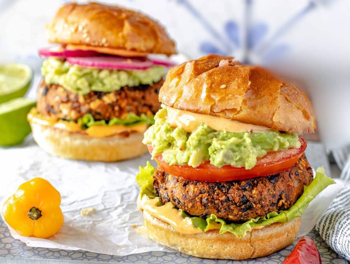 black bean burger with guacamole and tomato