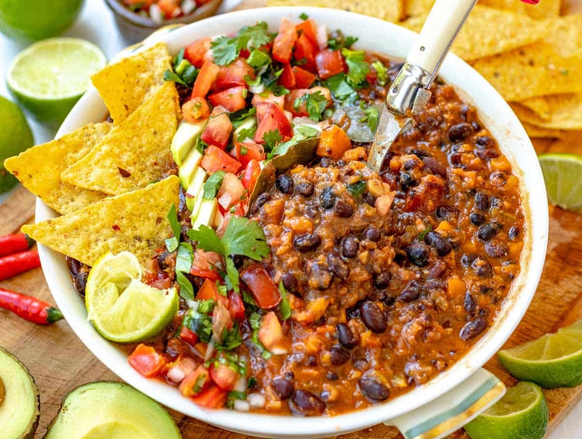 black bean soup with fresh lime, nachos, and pico de gallo