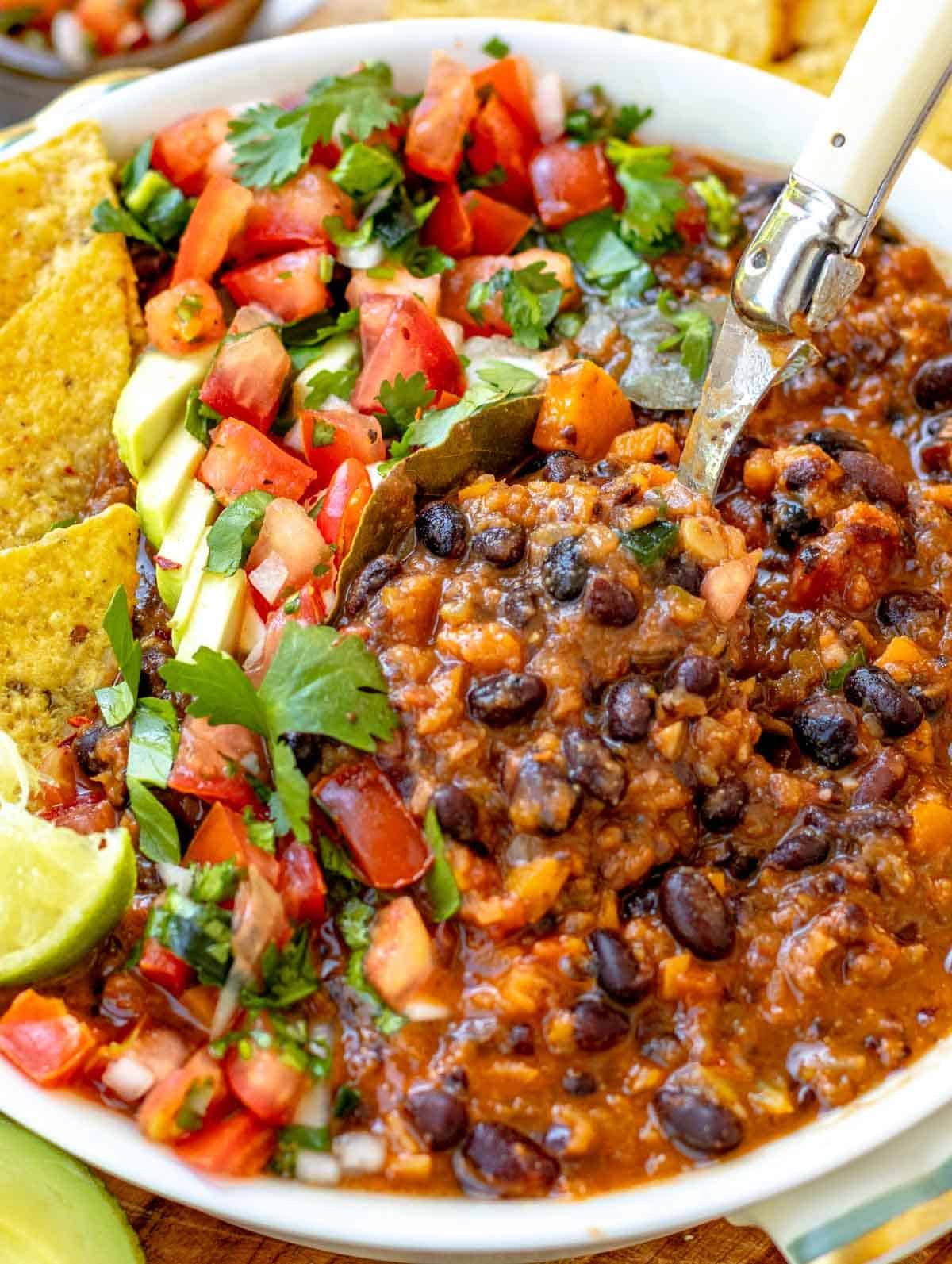 black bean soup with pico de gallo and nachos