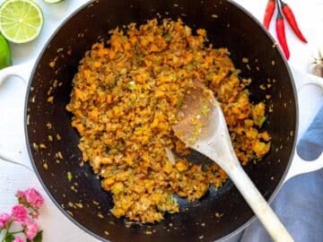 Step 1: flavor base with onion, carrot, celery, garlic, and cumin