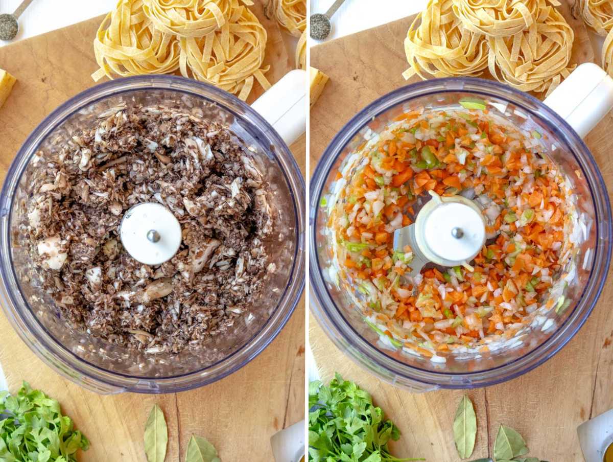 chopped mushrooms and vegetables in a food processor