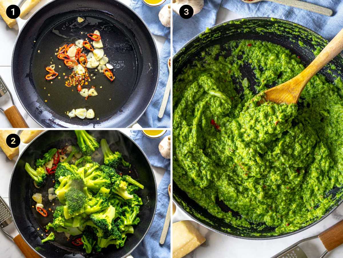 making the creamy broccoli sauce in three simple steps