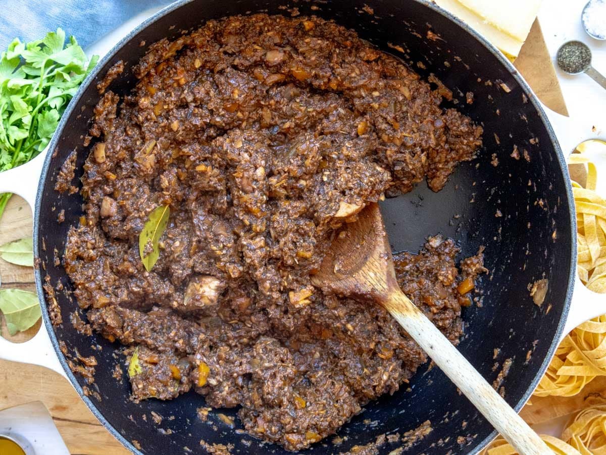 mushroom bolognese in a cast iron pot