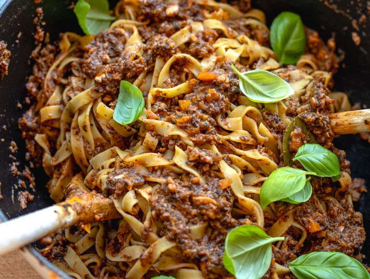 fettuccine with vegan bolognese in a large pot