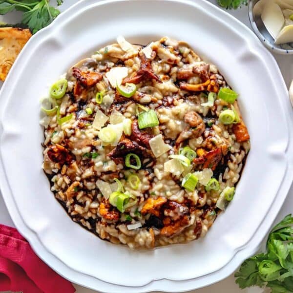 mushroom risotto on a white plate