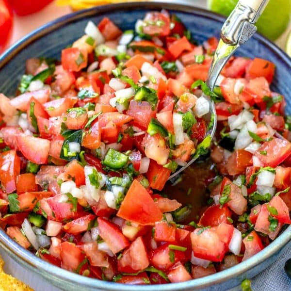 pico de gallo in a blue bowl