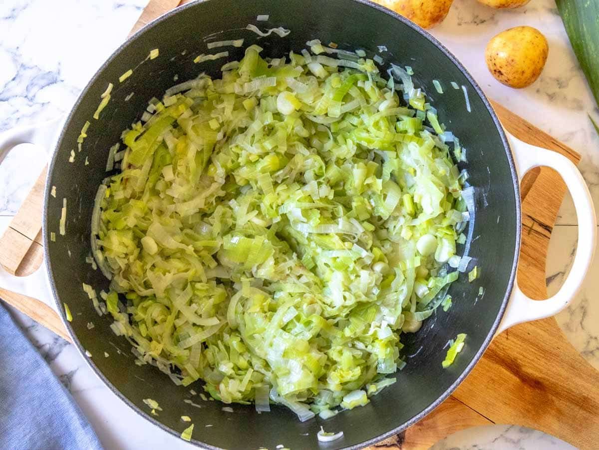 sautéed onion and leek in a large pot