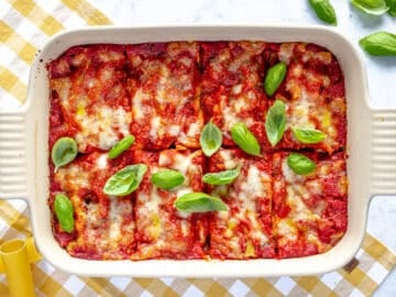 cannelloni right out of the oven and topped with fresh basil