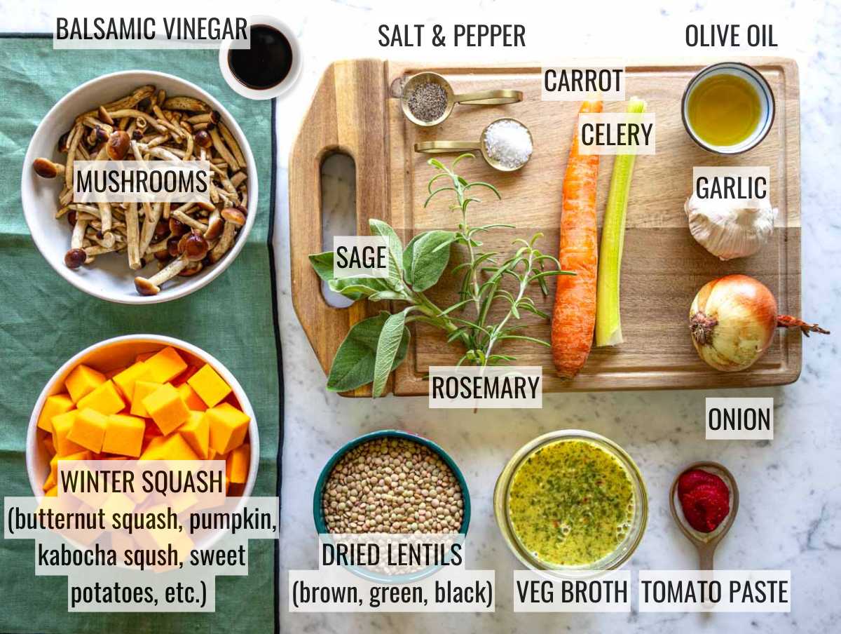 INGREDIENTS for lentil stew on a marble table