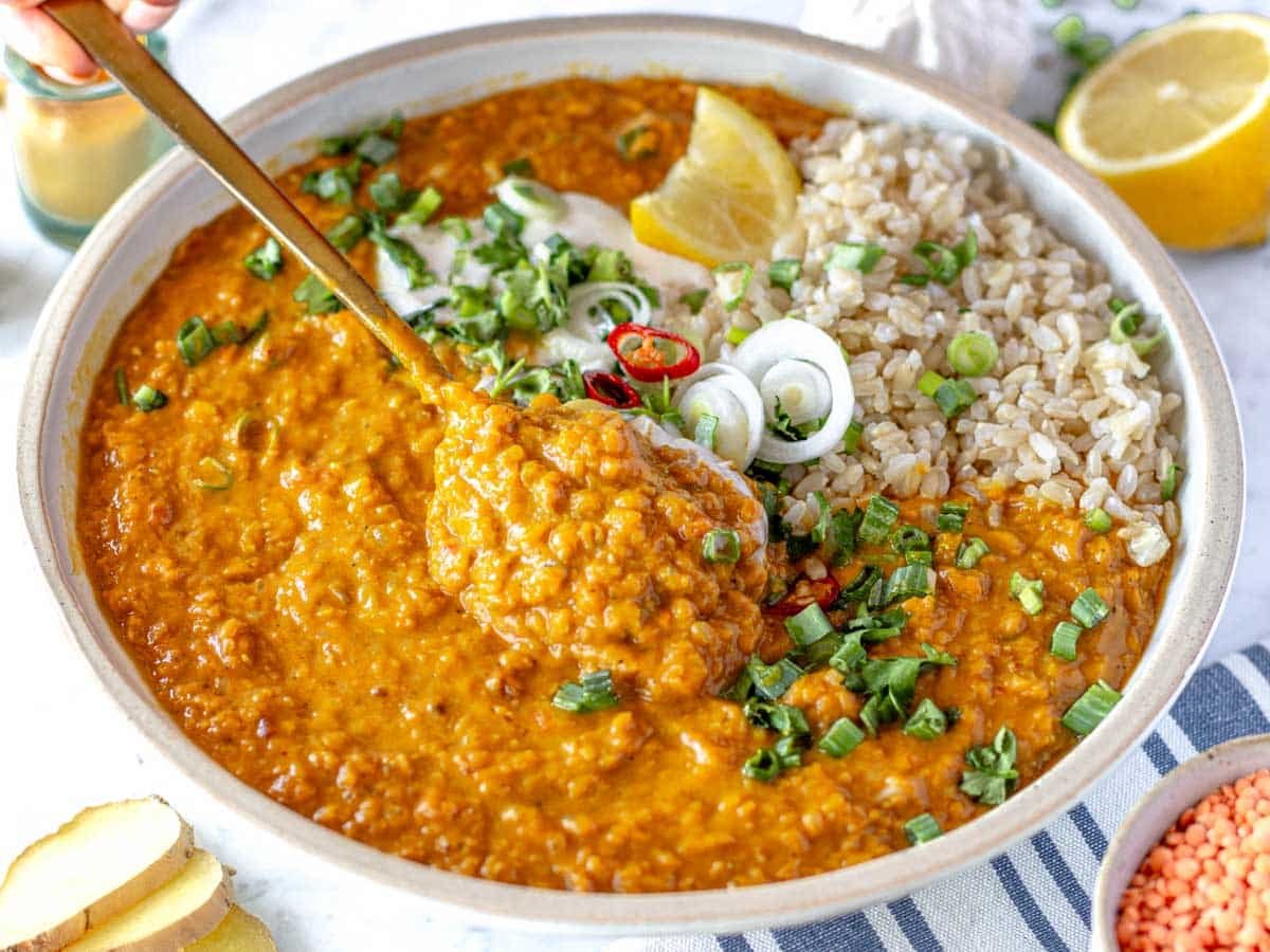 a spoonful of red lentil curry with rice and lemon