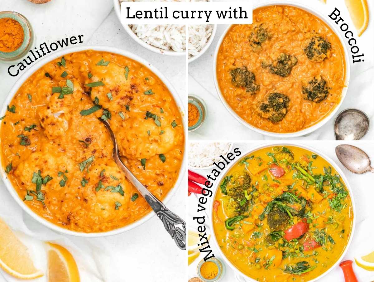 Lentil curry variations with broccoli, cauliflower and vegetables