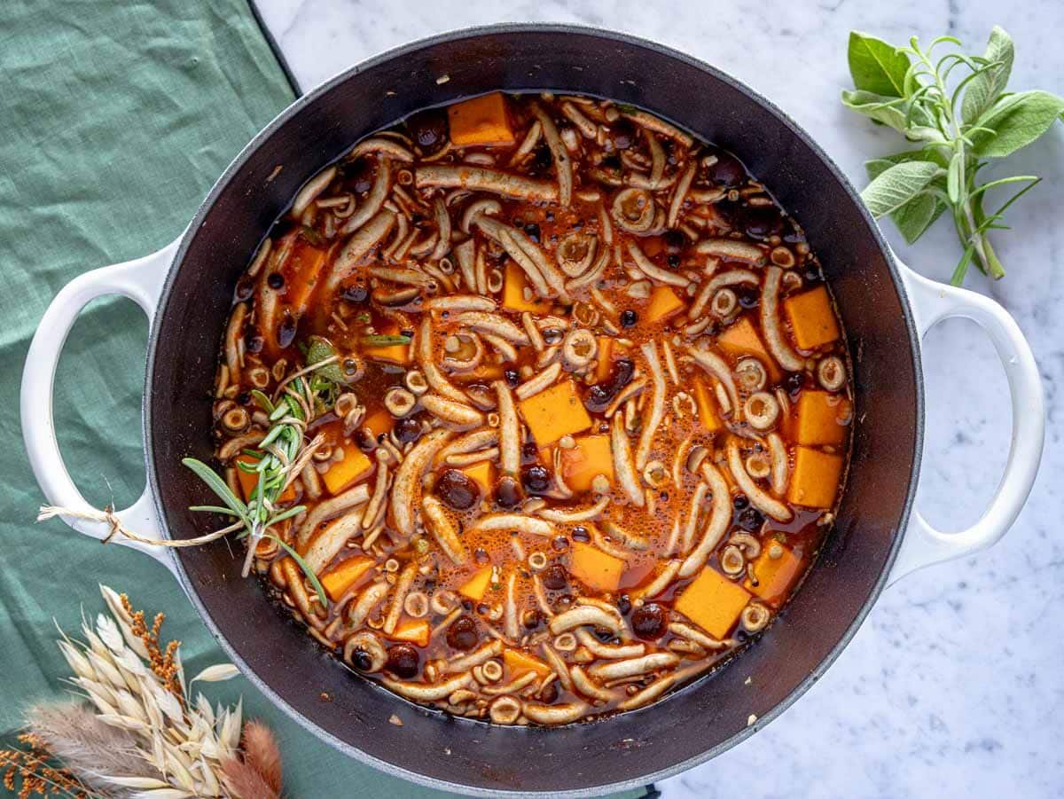 lentil stew in a large pot before simmering 